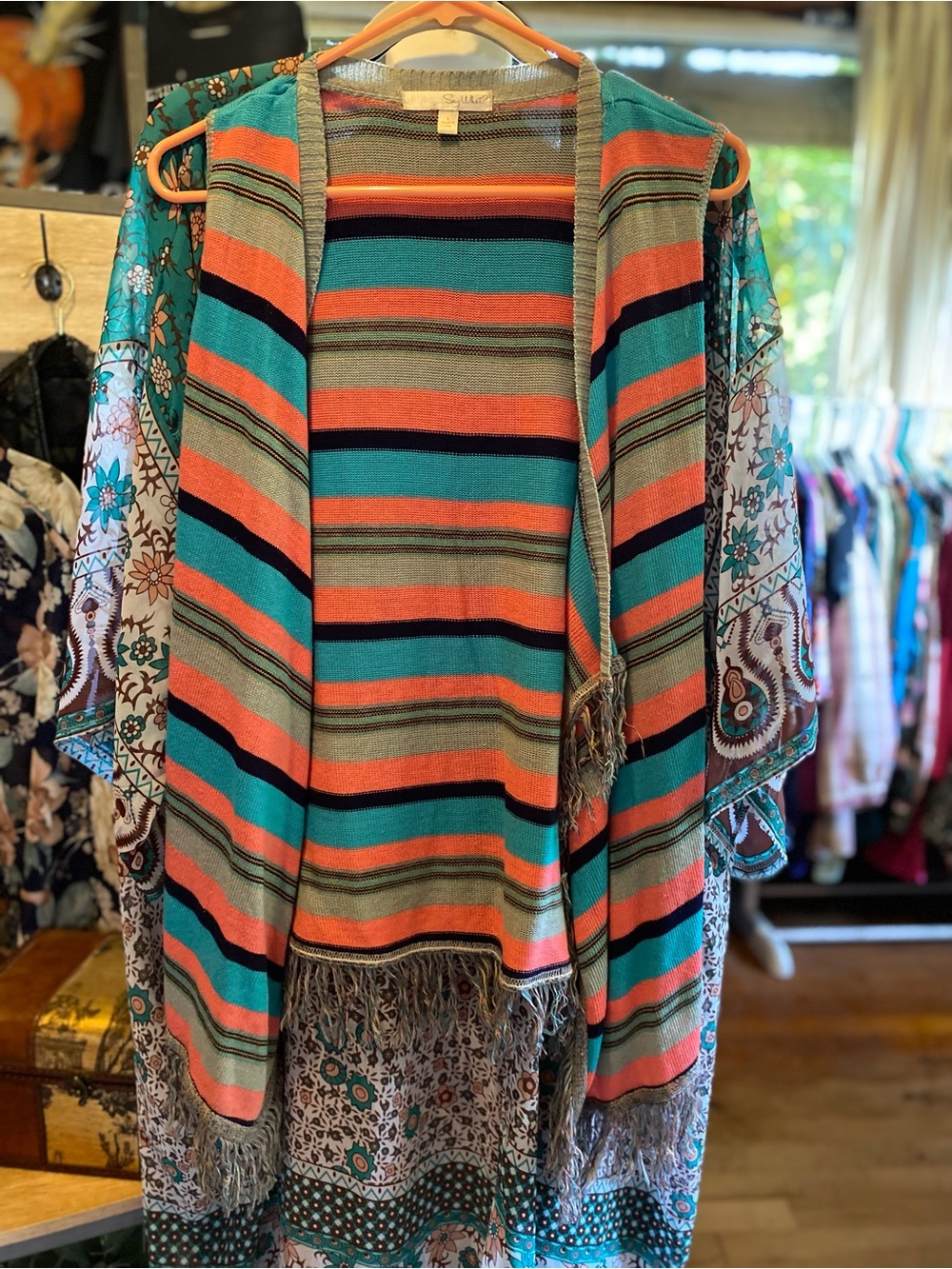 Say What? Striped Fringe Open Front Vest in Teal, Coral & Gray